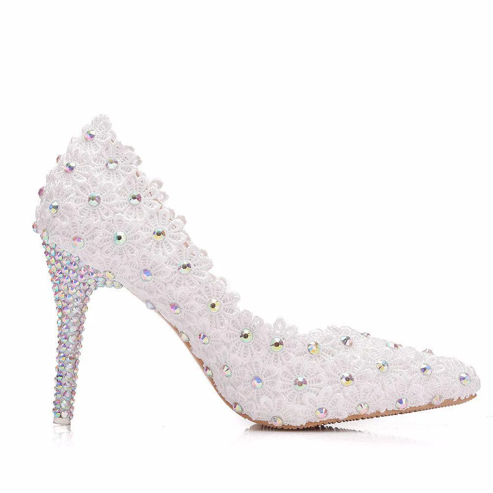 Elegant white floral lace rhinestone wedding stiletto heels