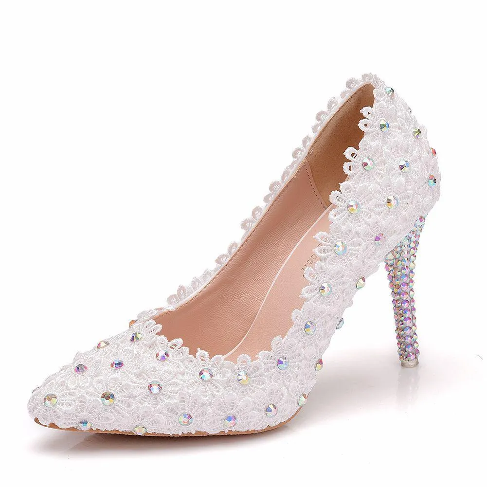 Elegant white floral lace rhinestone wedding stiletto heels