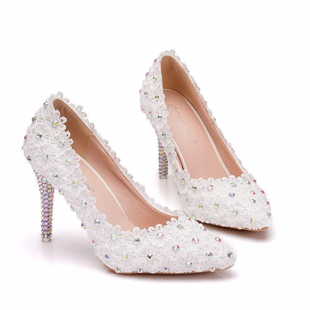 Elegant white floral lace rhinestone wedding stiletto heels