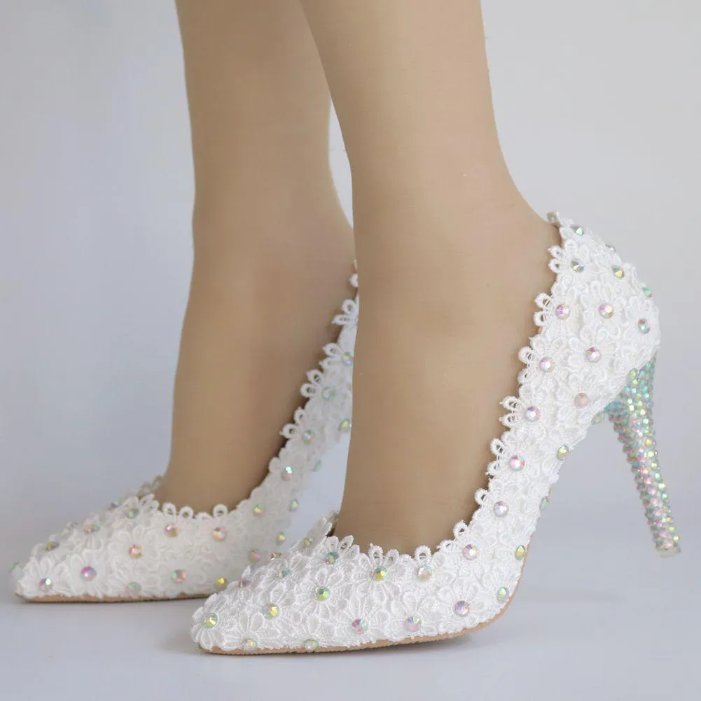 Elegant white floral lace rhinestone wedding stiletto heels