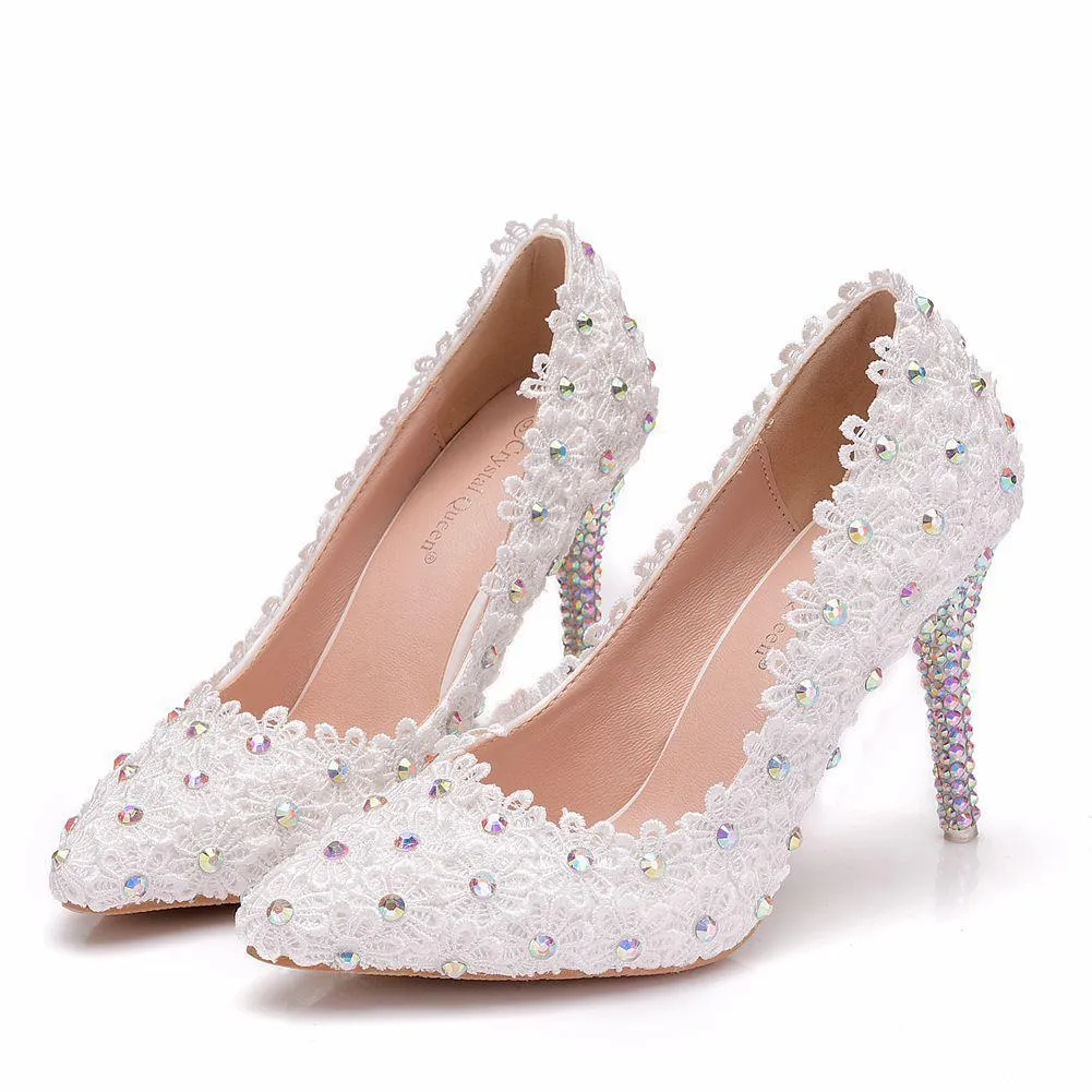 Elegant white floral lace rhinestone wedding stiletto heels