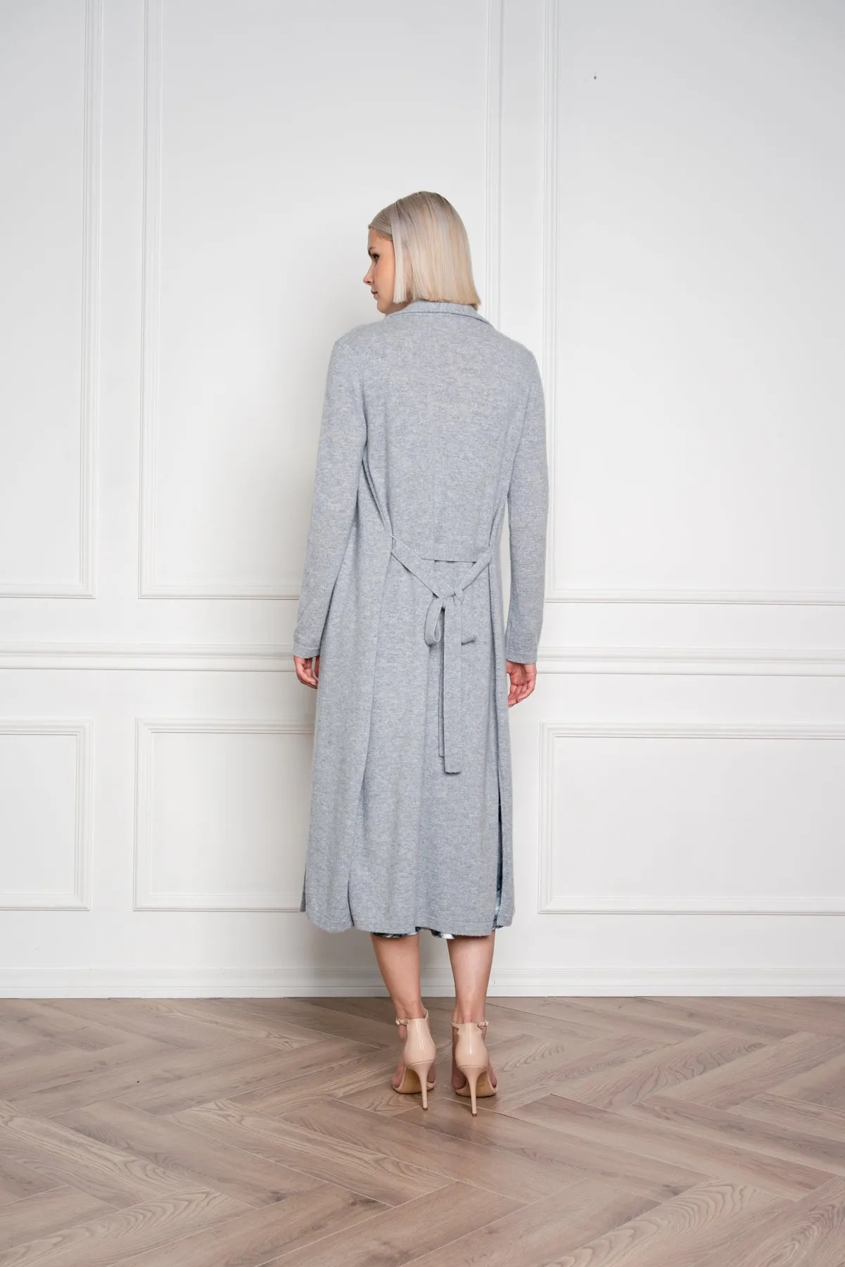 ELEOCHARIS LONG BLUEISH-GRAY CASHMERE CARDIGAN WITH BELT