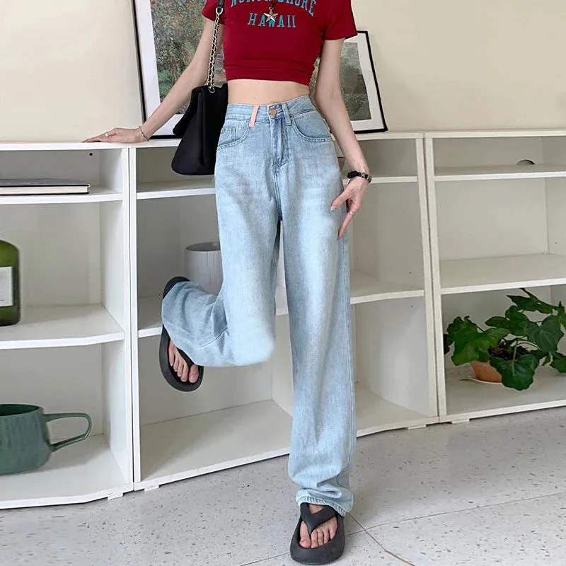 Embroidered Pockets Women High Waist Pear Shaped Trailing Straight Wide Leg Jeans