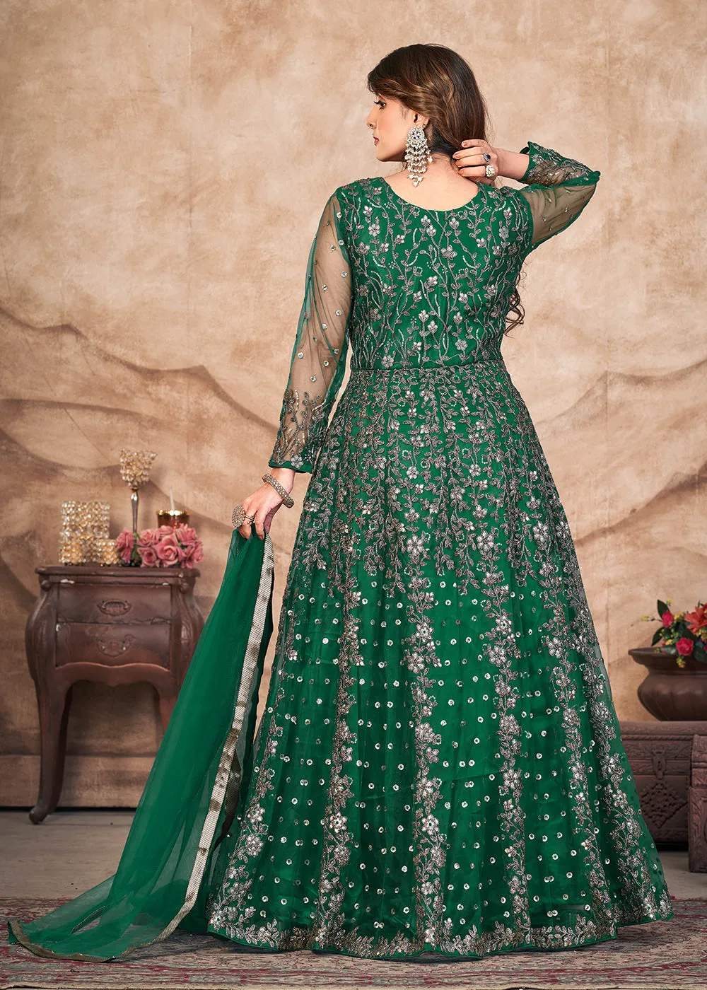 Emerald Green Net Embroidered Pant Style Anarkali Suit