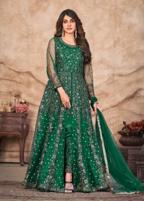 Emerald Green Net Embroidered Pant Style Anarkali Suit