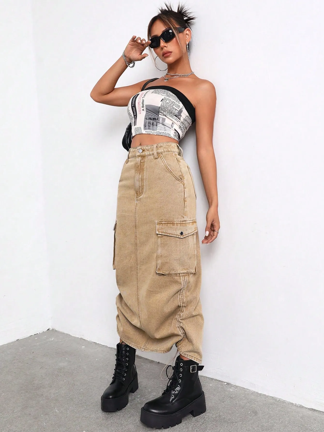 Flap Pocket Drawstring Ruched Side Denim Skirt