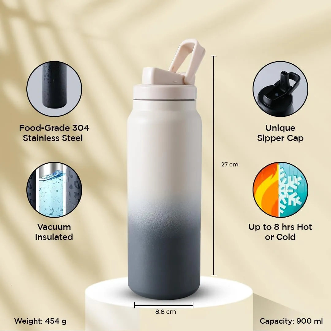 Heart Home Water Bottle | Vacuum Insulated Travel Bottle | Gym Water Bottle | Hot & Cold Water Bottle | Water Bottle with Sipper Cap | DA230802 | 900 ML | Beige & Grey