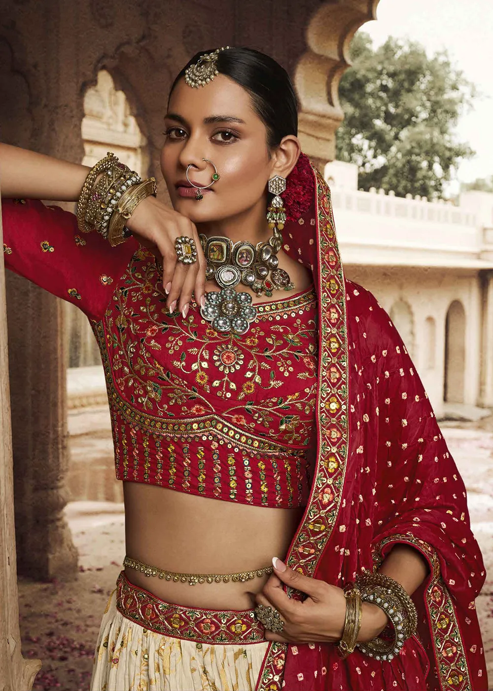 Heavy Viscose Cream & Red Embroidered Bridal Lehenga Choli