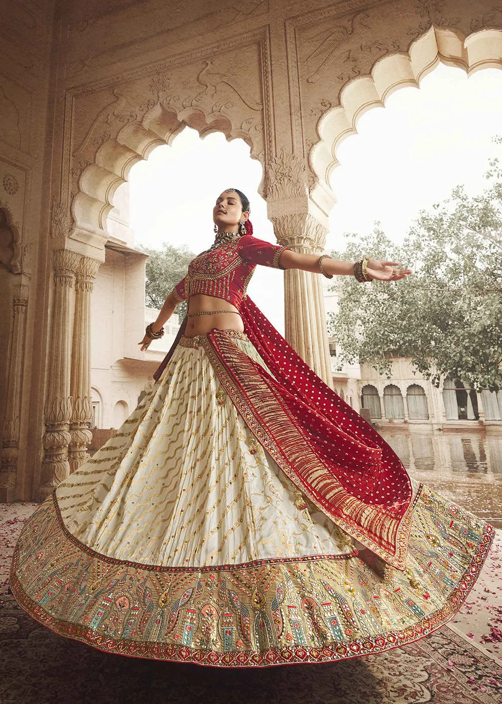 Heavy Viscose Cream & Red Embroidered Bridal Lehenga Choli