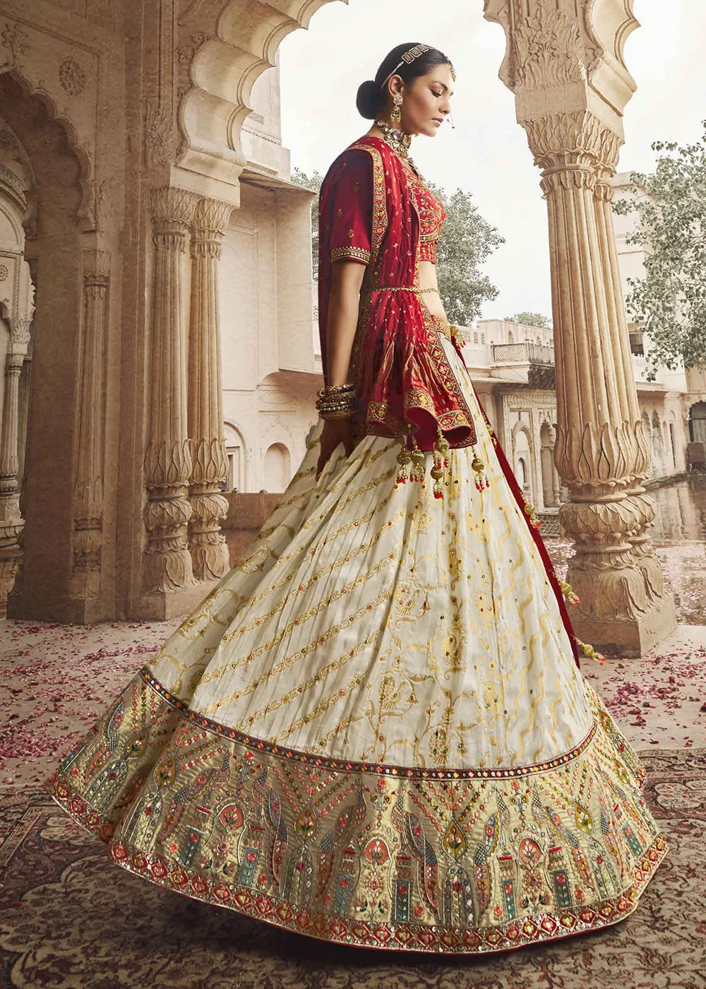 Heavy Viscose Cream & Red Embroidered Bridal Lehenga Choli