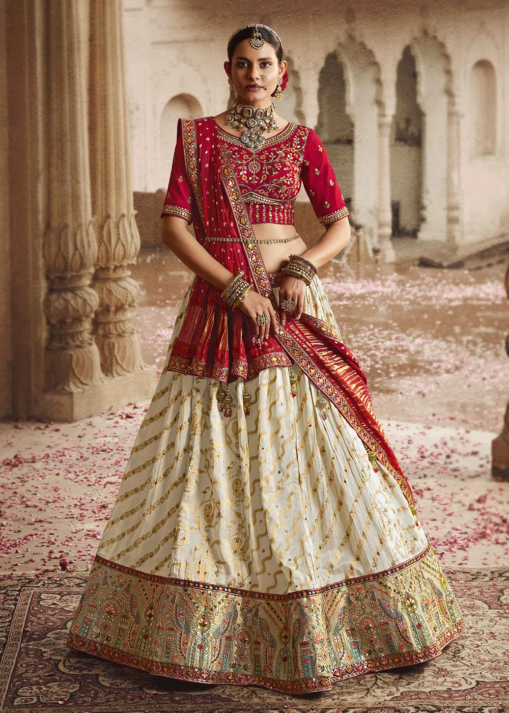 Heavy Viscose Cream & Red Embroidered Bridal Lehenga Choli