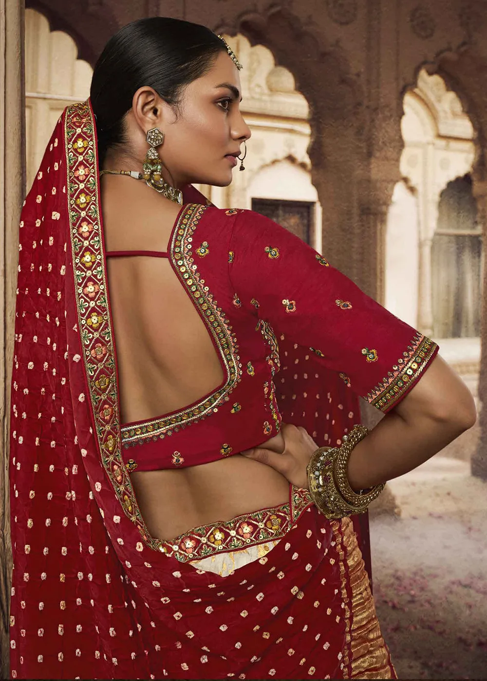 Heavy Viscose Cream & Red Embroidered Bridal Lehenga Choli