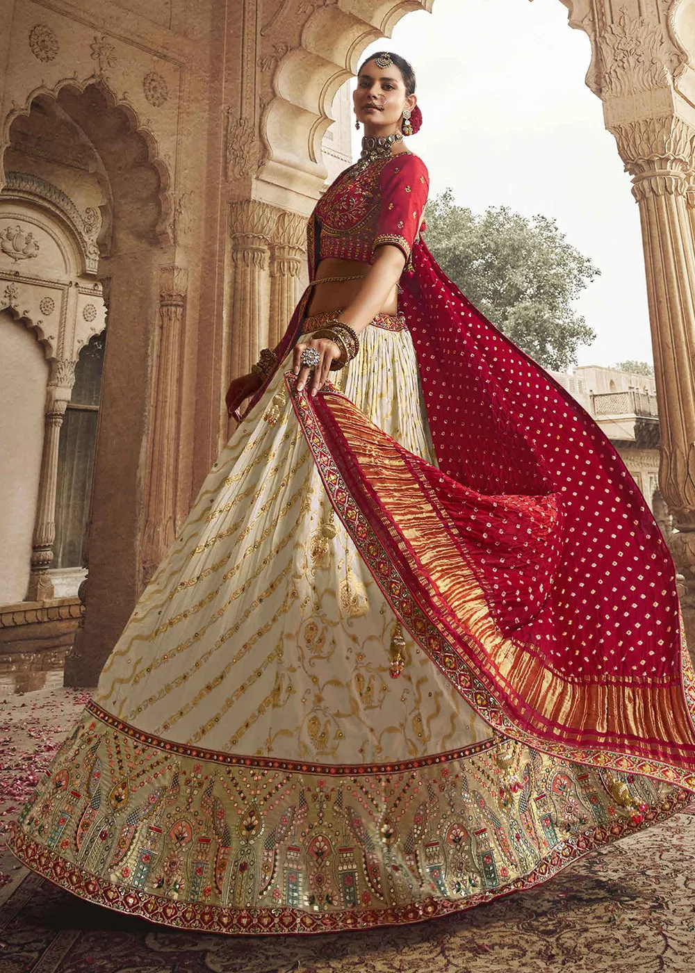 Heavy Viscose Cream & Red Embroidered Bridal Lehenga Choli