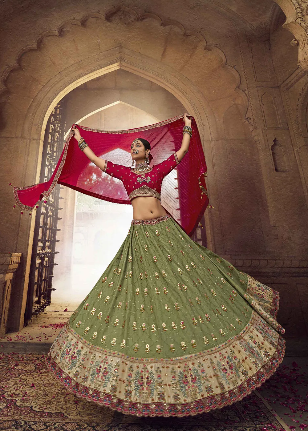 Heavy Viscose Green & Rani Pink Embroidered Bridal Lehenga Choli