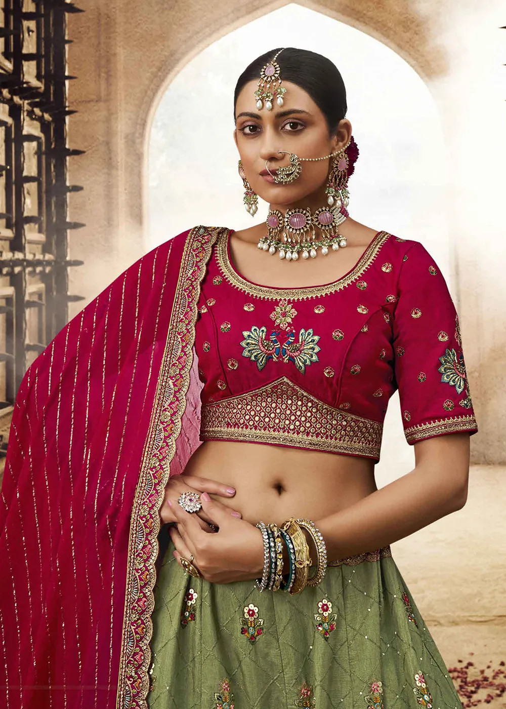 Heavy Viscose Green & Rani Pink Embroidered Bridal Lehenga Choli