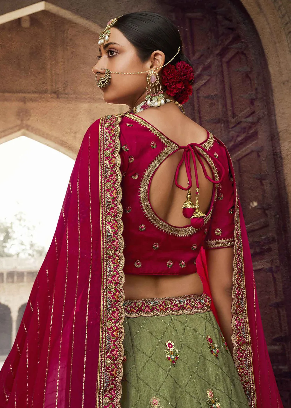 Heavy Viscose Green & Rani Pink Embroidered Bridal Lehenga Choli