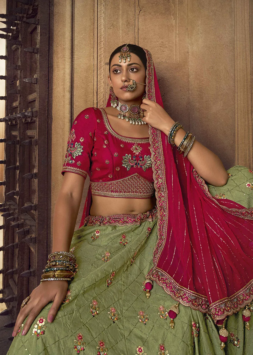 Heavy Viscose Green & Rani Pink Embroidered Bridal Lehenga Choli