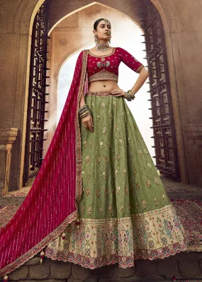 Heavy Viscose Green & Rani Pink Embroidered Bridal Lehenga Choli