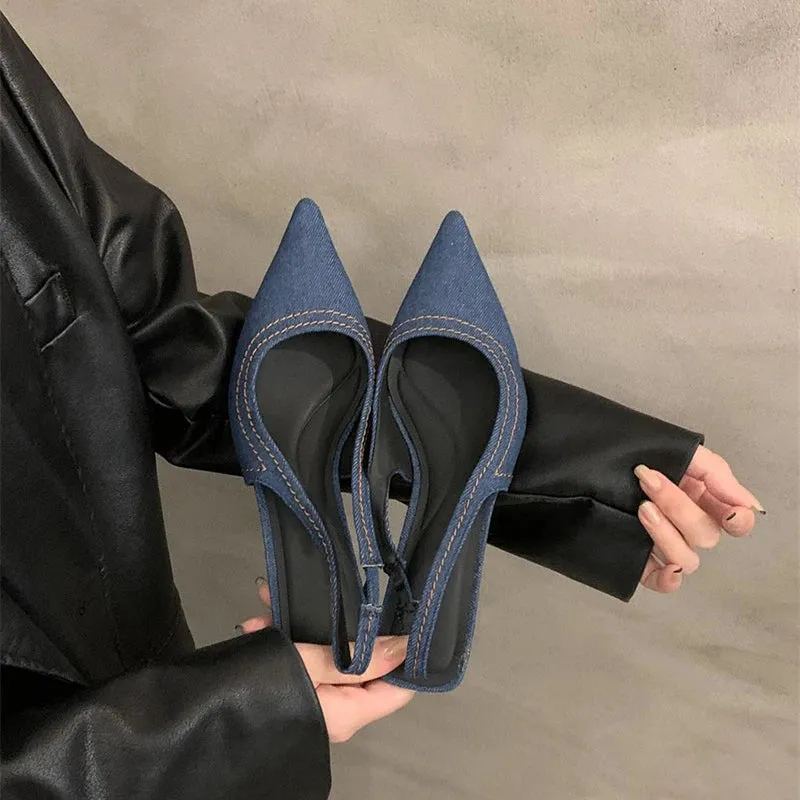 Hnzxzm Luxury Designer Summer High Heel Women Sandals Fashion Pointed Toe Denim Pumps Outdoor Dress Sandal Women's Shoes