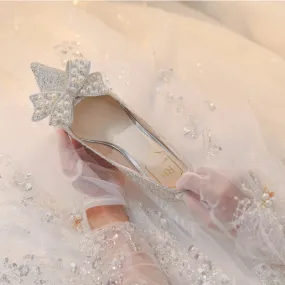 Hnzxzm Luxury Shiny Crystal Wedding Shoes Women Pearl Bowknot Thin Heels Pumps Woman Shining Pointed Toe High Heel Bridal Shoes