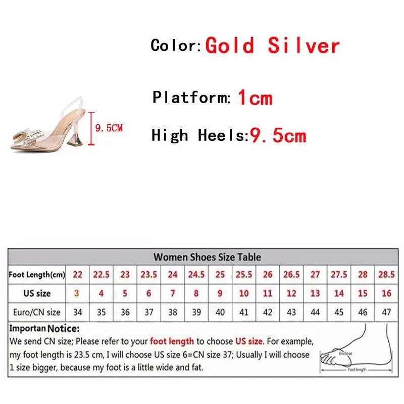 Hnzxzm PVC Transparent Women Pumps Sexy Crystal Bowknot Pointed Toe  Slingback High Heels Mules Sandal Female Wedding Prom Shoes