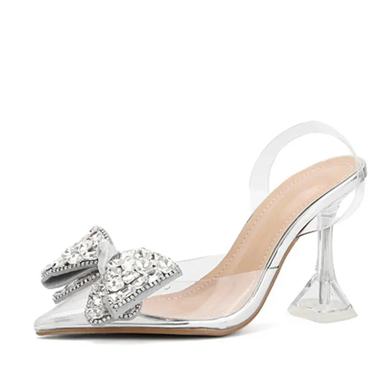 Hnzxzm PVC Transparent Women Pumps Sexy Crystal Bowknot Pointed Toe  Slingback High Heels Mules Sandal Female Wedding Prom Shoes