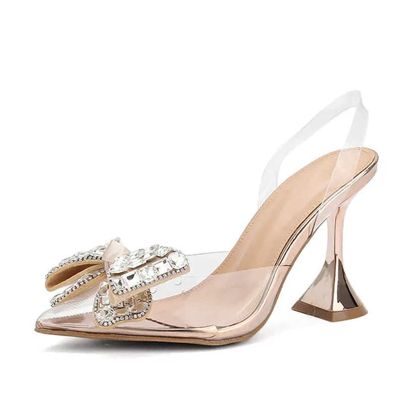 Hnzxzm PVC Transparent Women Pumps Sexy Crystal Bowknot Pointed Toe  Slingback High Heels Mules Sandal Female Wedding Prom Shoes