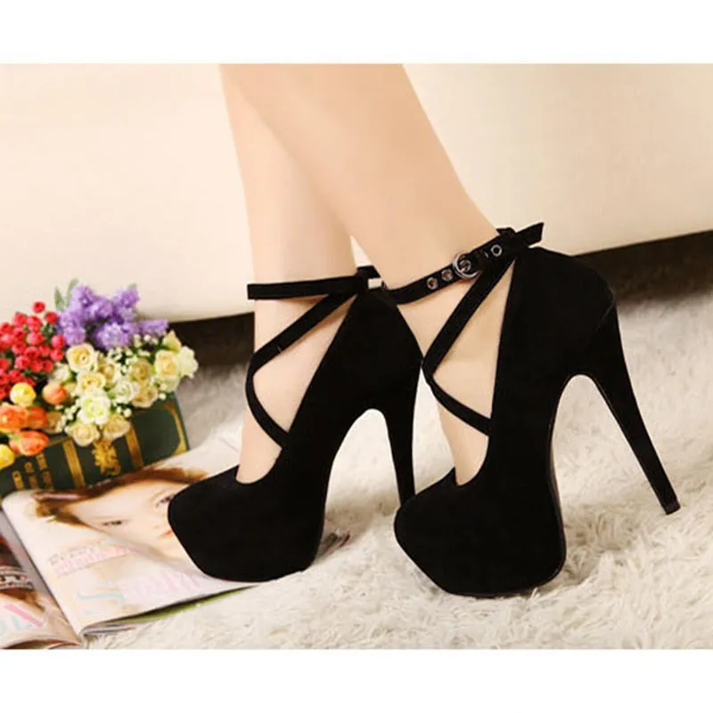 Hot Fashion New High-Heeled Shoes Women Pumps Wedding Party Platform High Heels 11Cm Suede Black