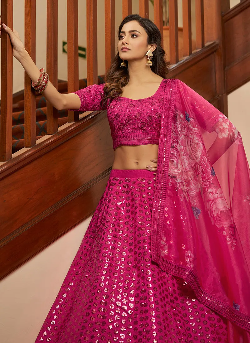 Hot Pink Sequence Embroidery Wedding Lehenga Choli