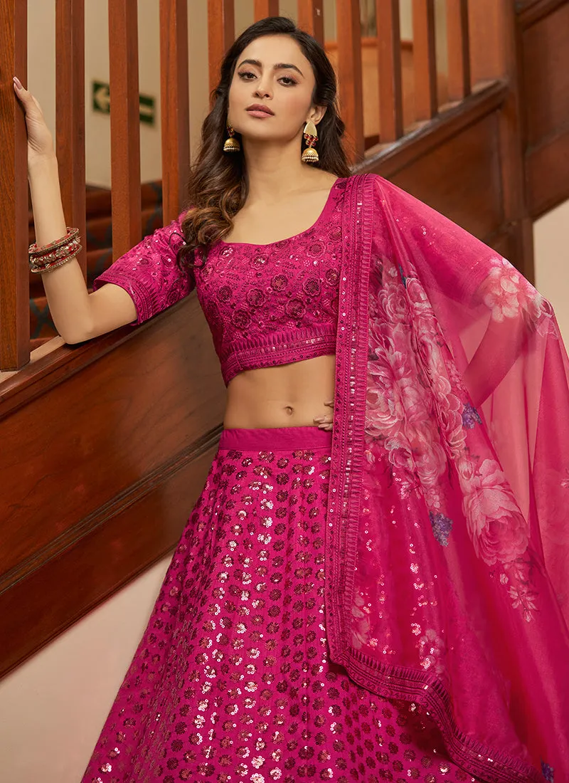 Hot Pink Sequence Embroidery Wedding Lehenga Choli