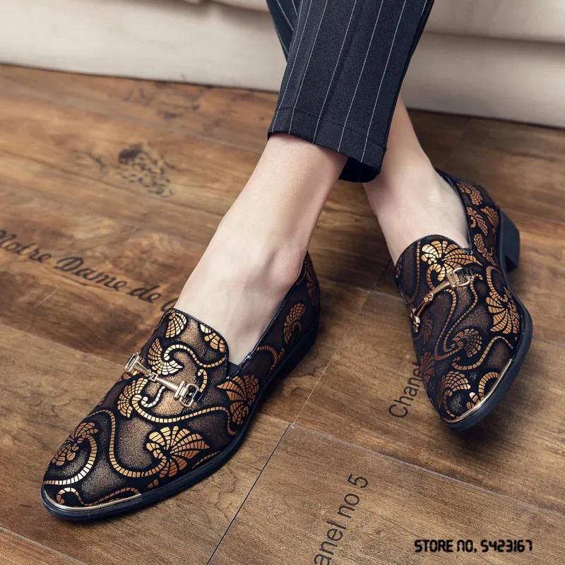 Jinquedai  New Men Dress Leather Shoes For Male Luxury British Gold Blue National Pattern Oxfords Classic Gentleman Wedding Prom Shoes