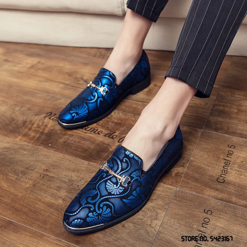 Jinquedai  New Men Dress Leather Shoes For Male Luxury British Gold Blue National Pattern Oxfords Classic Gentleman Wedding Prom Shoes