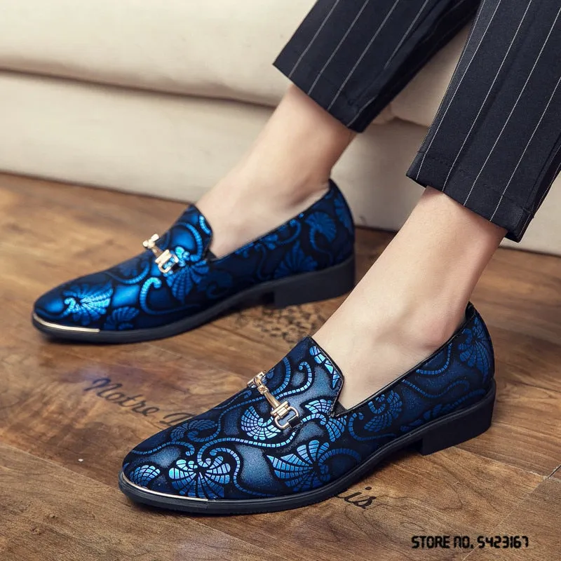 Jinquedai  New Men Dress Leather Shoes For Male Luxury British Gold Blue National Pattern Oxfords Classic Gentleman Wedding Prom Shoes