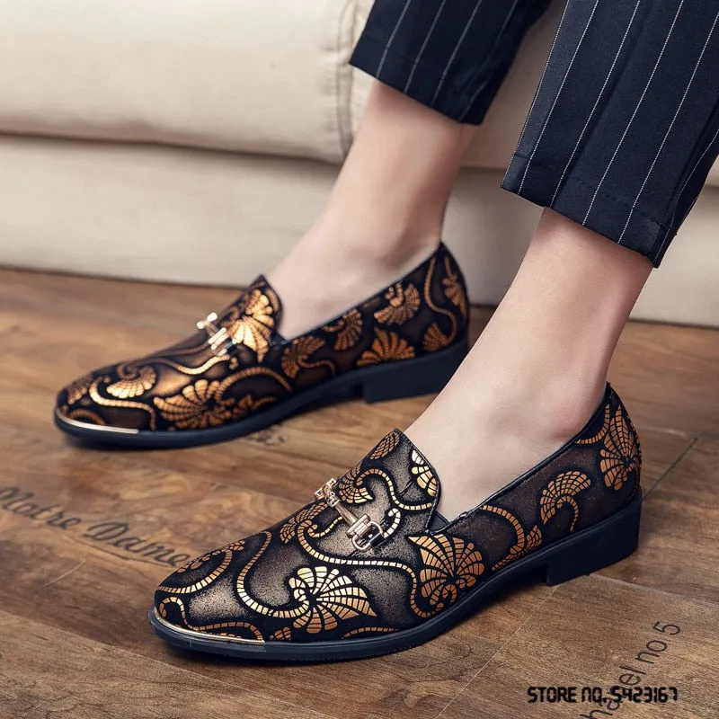 Jinquedai  New Men Dress Leather Shoes For Male Luxury British Gold Blue National Pattern Oxfords Classic Gentleman Wedding Prom Shoes