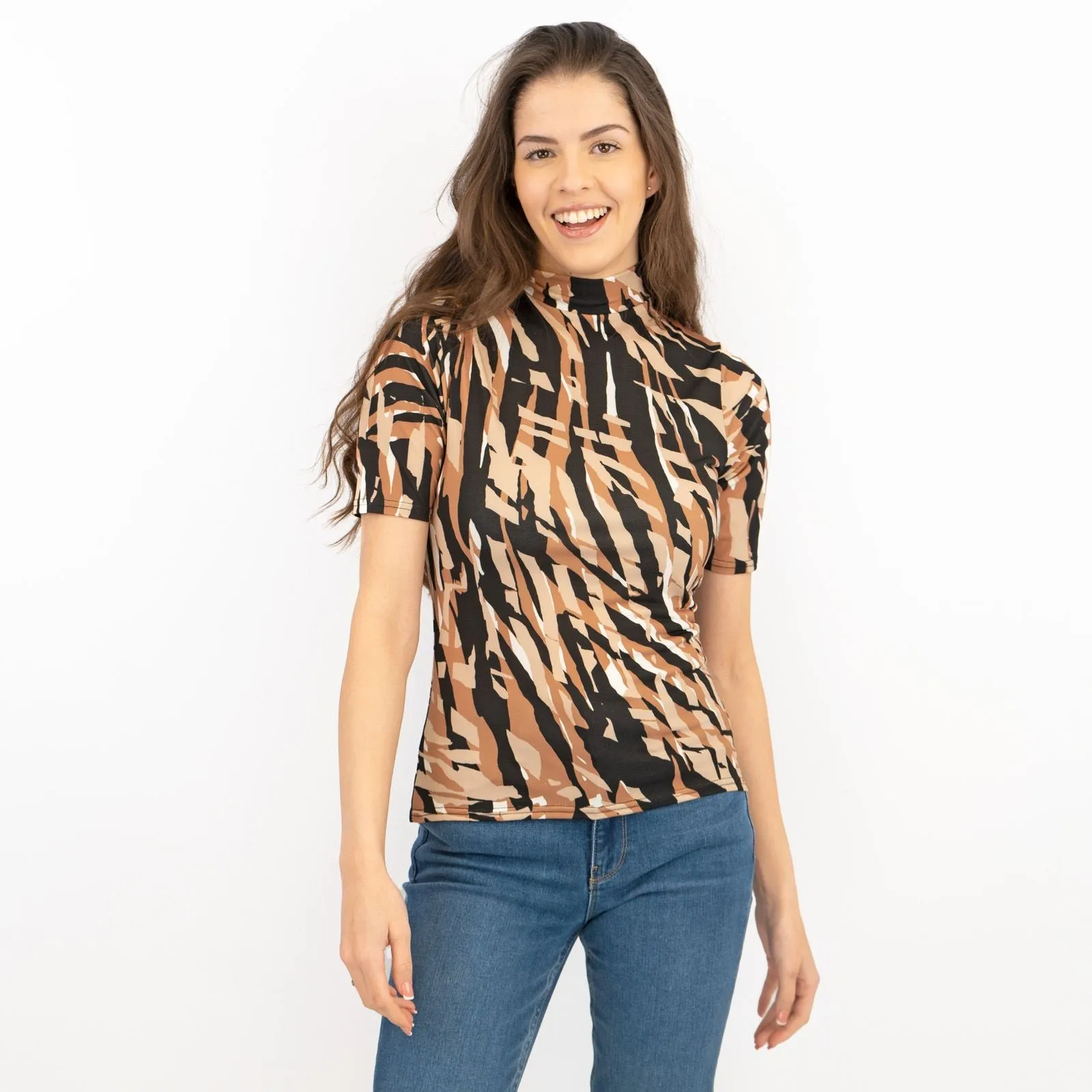 Karen Millen Brown Abstract Print Short Sleeve High Neck Tops