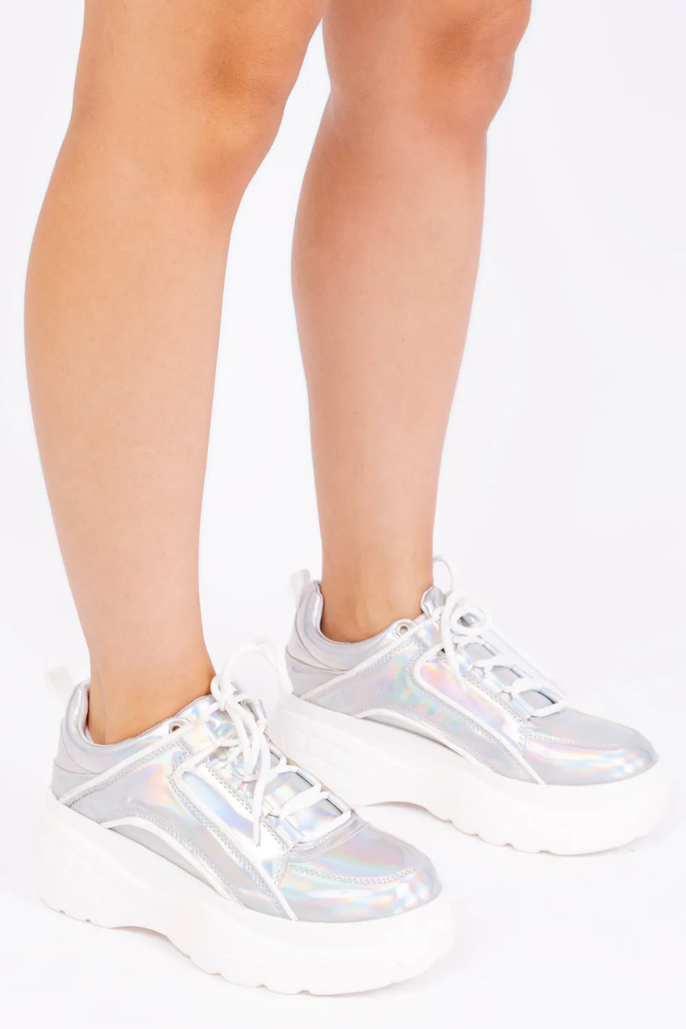 KAYLA CHUNKY TRAINERS IN MOON SILVER HOLOGRAM