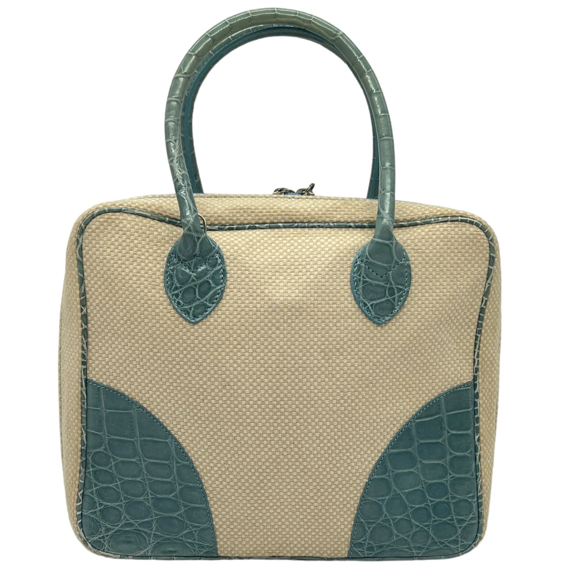 LANA MARKS "Jet" Croc & Linen Convertible Handle Bag - Cream & Blue