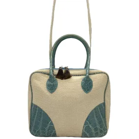 LANA MARKS "Jet" Croc & Linen Convertible Handle Bag - Cream & Blue