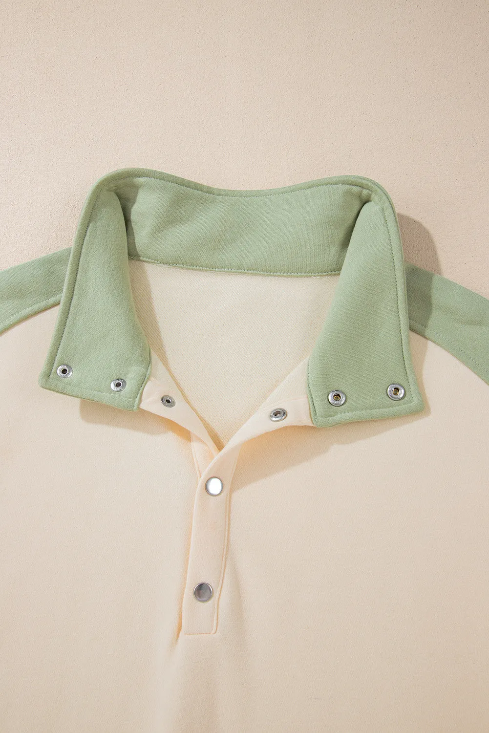 Laurel Green Colorblock Patchwork Buttoned Collar Kangaroo Pocket Sweatshirt