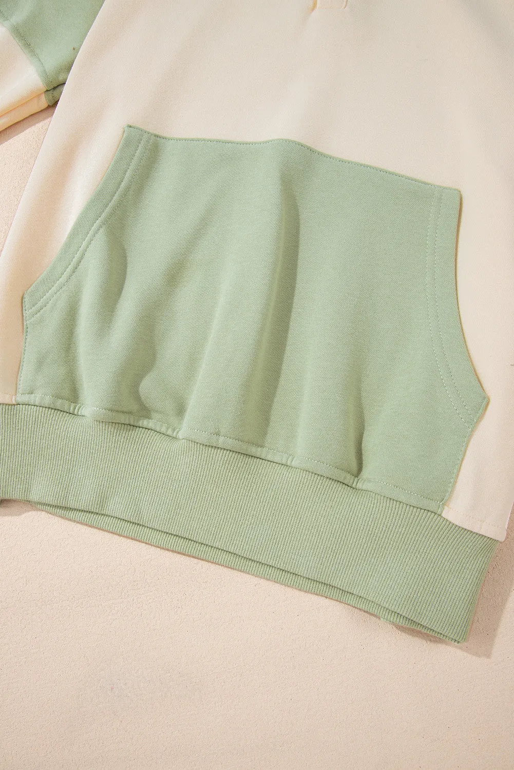 Laurel Green Colorblock Patchwork Buttoned Collar Kangaroo Pocket Sweatshirt