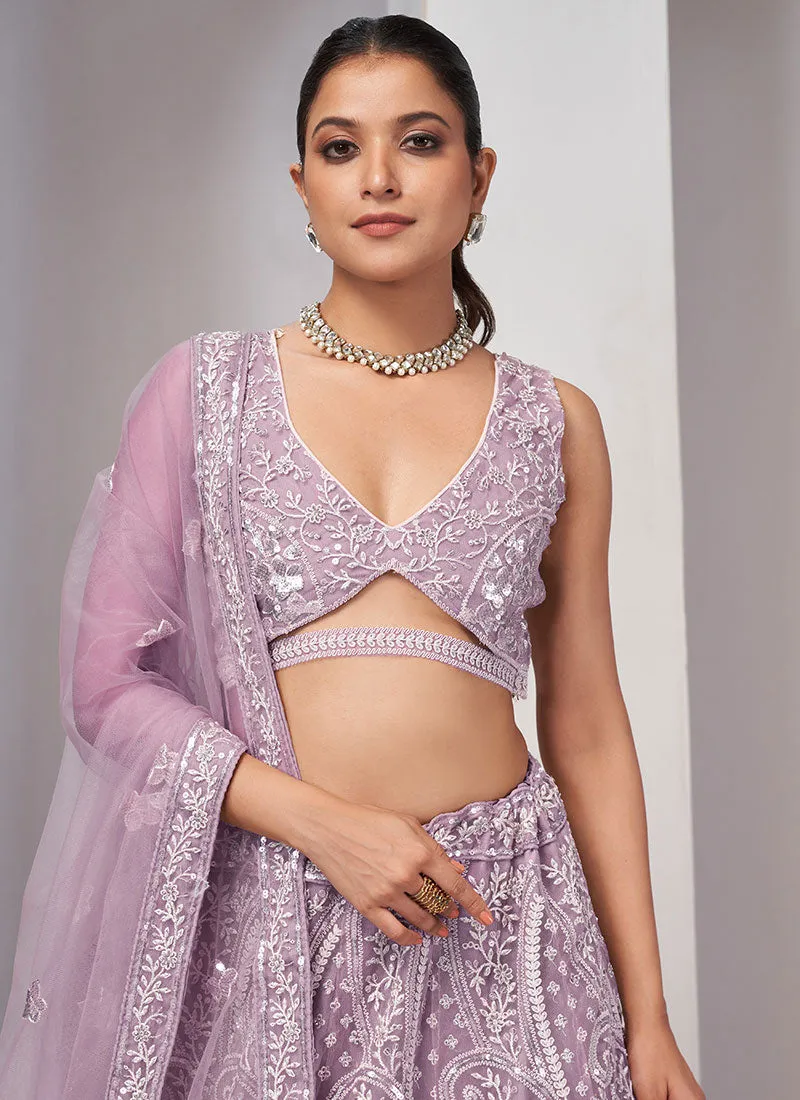 Lavender Thread And Sequence Embroidery Traditional Wedding Lehenga