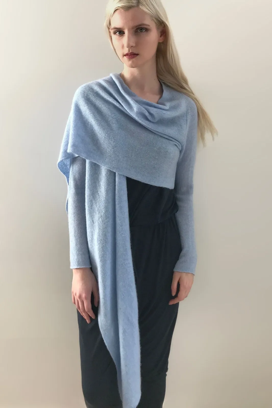 Long front lightweight cashmere cardigan in powder blue