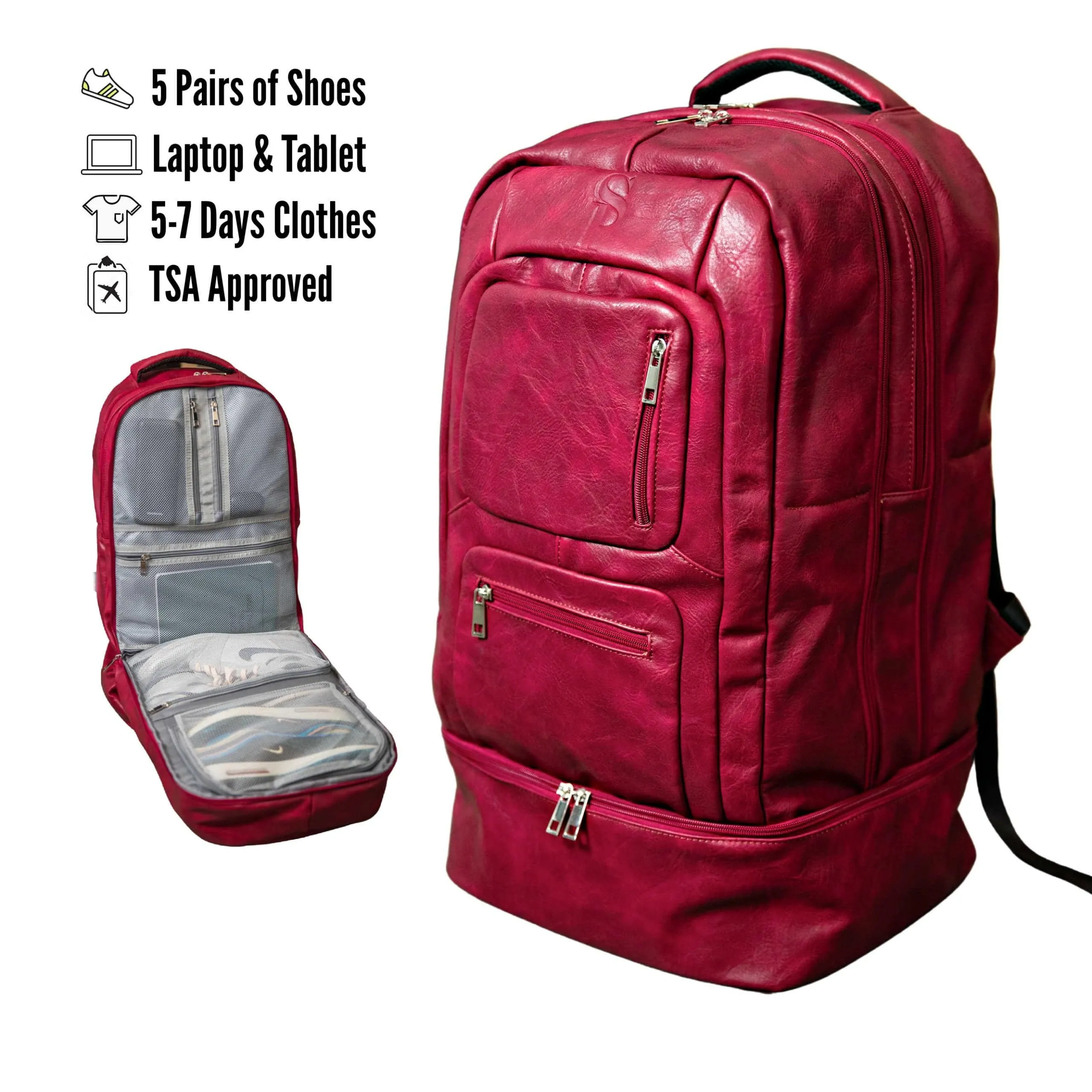 Maroon Leather Luxury Carry-On Backpack (Patented Signature Design)