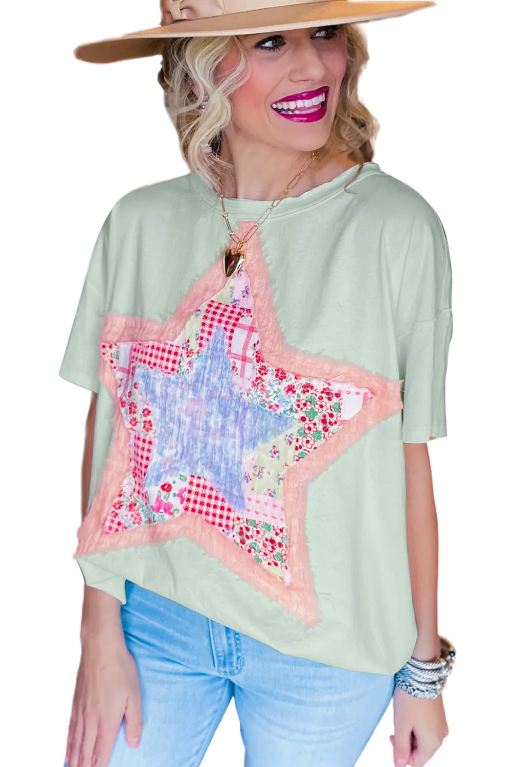 Meadow Mist Green Star Patchwork Loose T-shirt