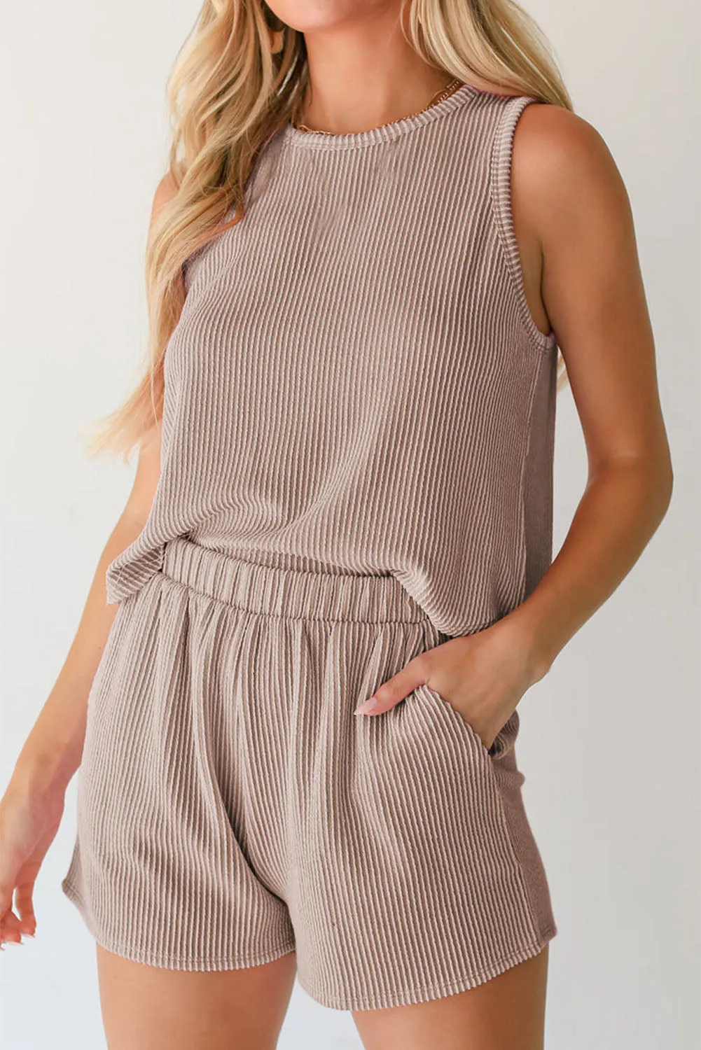 Medium Grey Corded Sleeveless Top and Pocketed Shorts Set