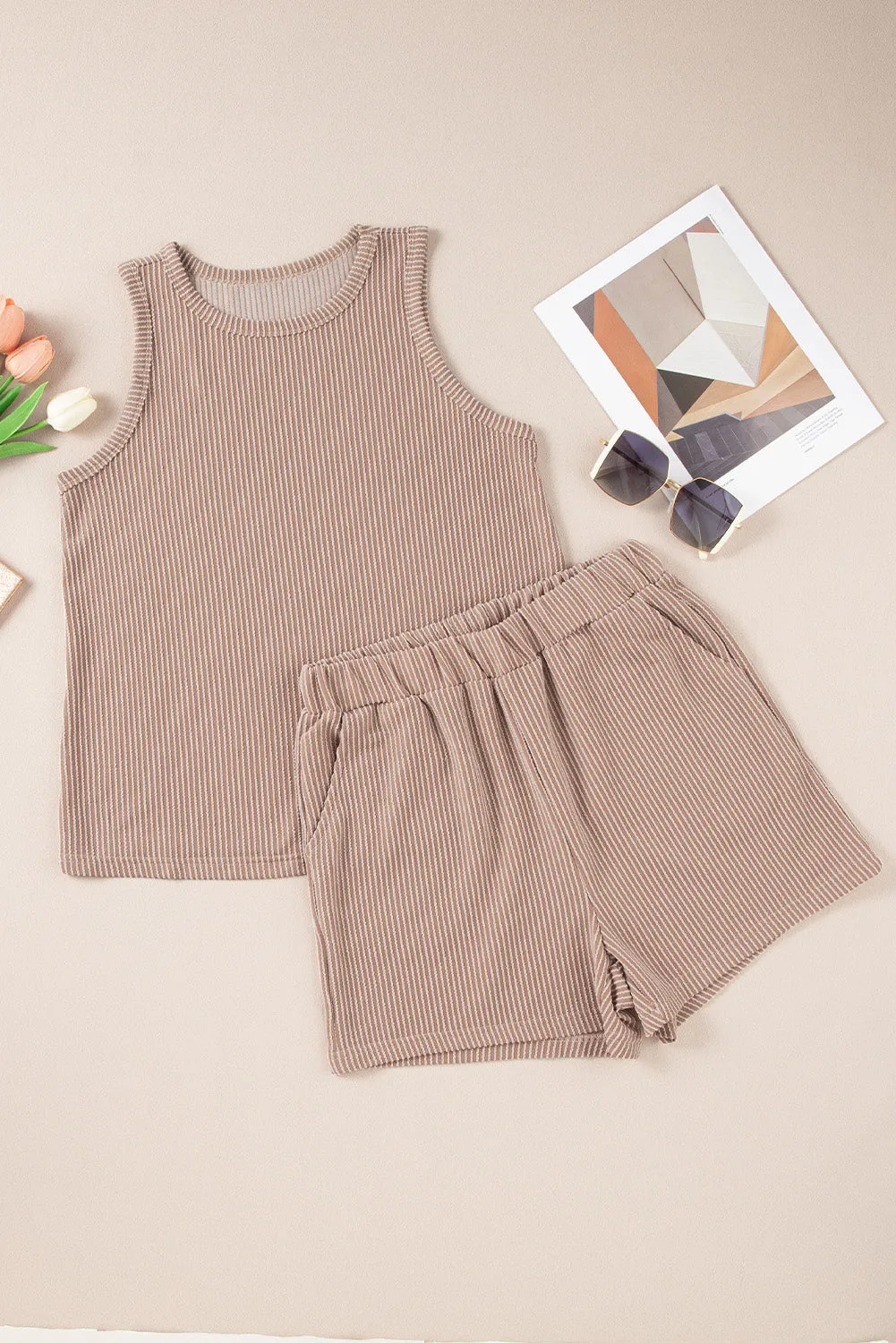 Medium Grey Corded Sleeveless Top and Pocketed Shorts Set