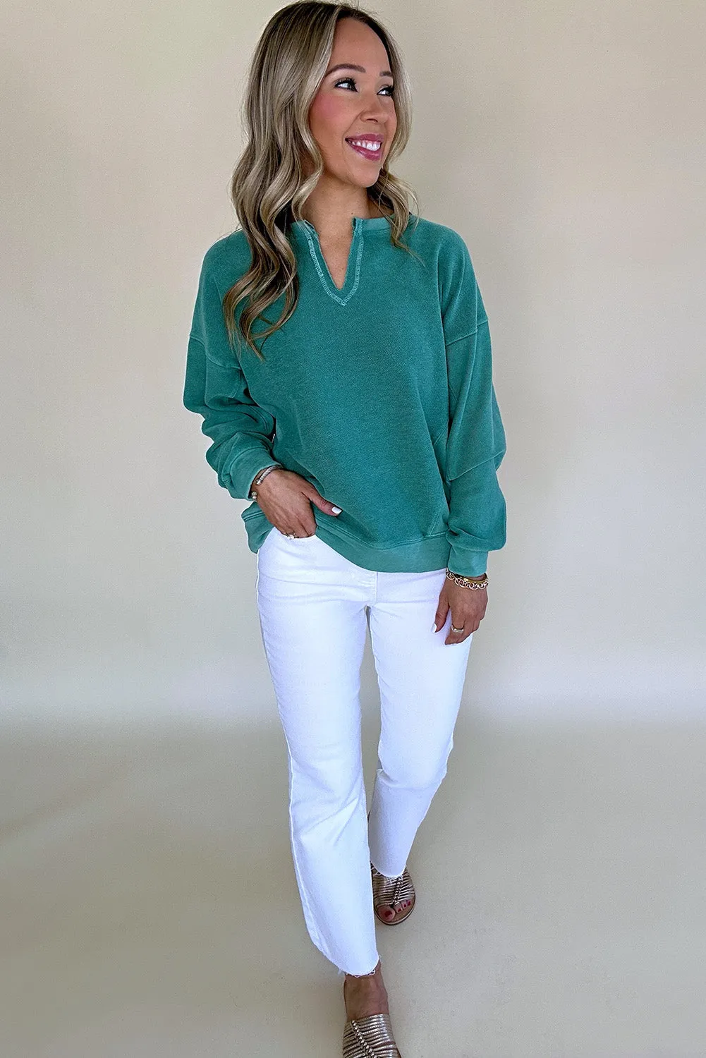 Notched Neck Drop Shoulder Sweatshirt