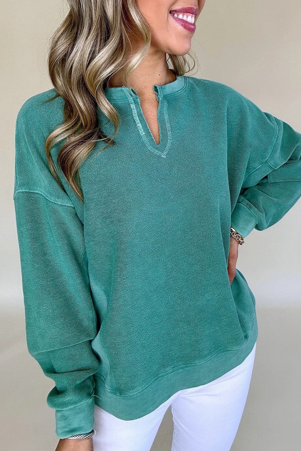 Notched Neck Drop Shoulder Sweatshirt