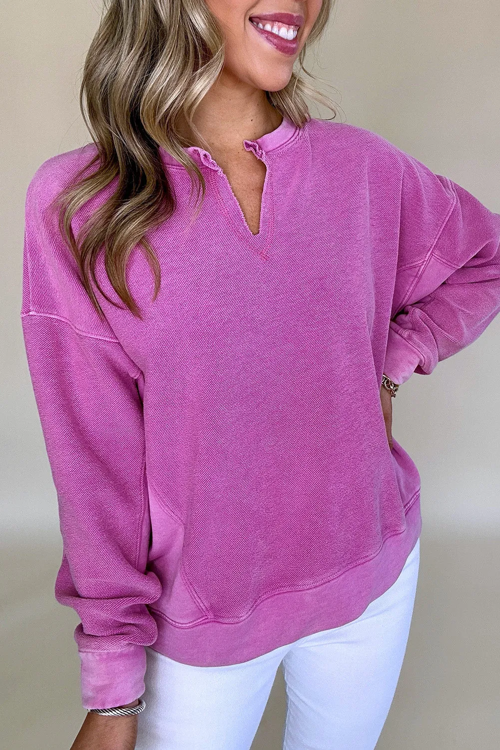 Notched Neck Drop Shoulder Sweatshirt