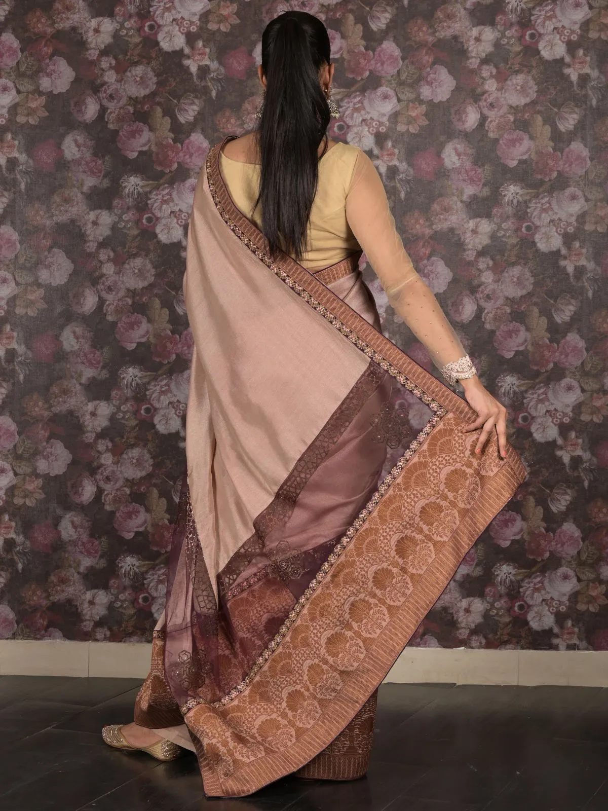 Odette Beige Woven Cotton Silk Blend Saree With Unstitched Blouse For Women